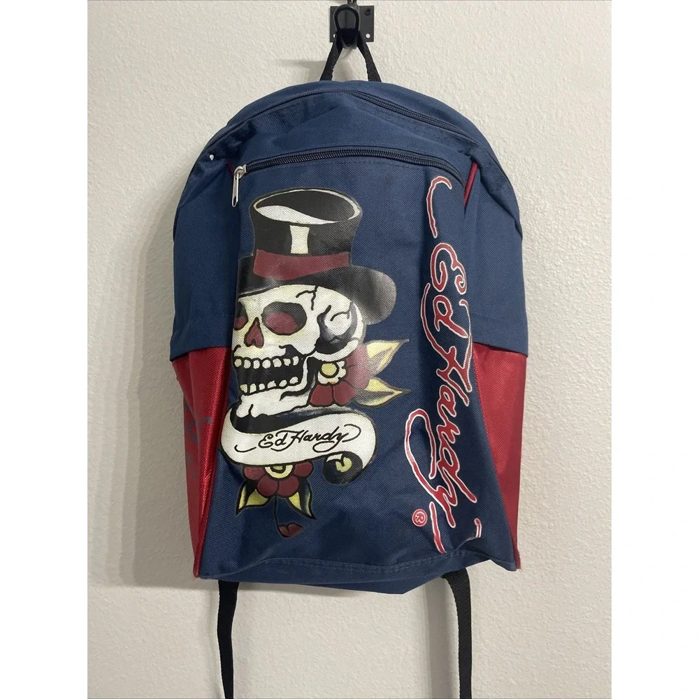 ED HARDY Skull with Top Hat‎ Zip Up Backpack With 4 Pockets Blue & Red